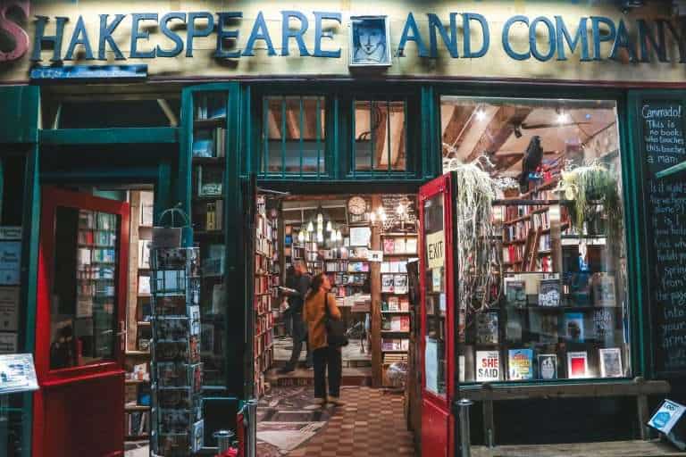 Exterior of Shakespeare and Company Bookstore, the best english bookshops in Paris.
